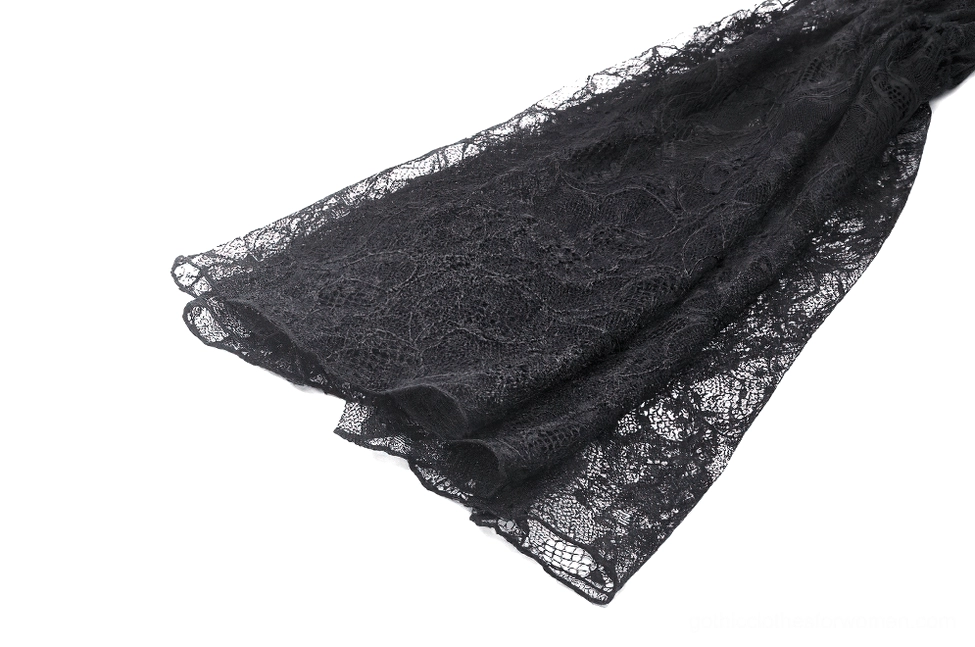 Black gothic lace bolero with adjustable tie closure and bell sleeve detail on white background for size reference