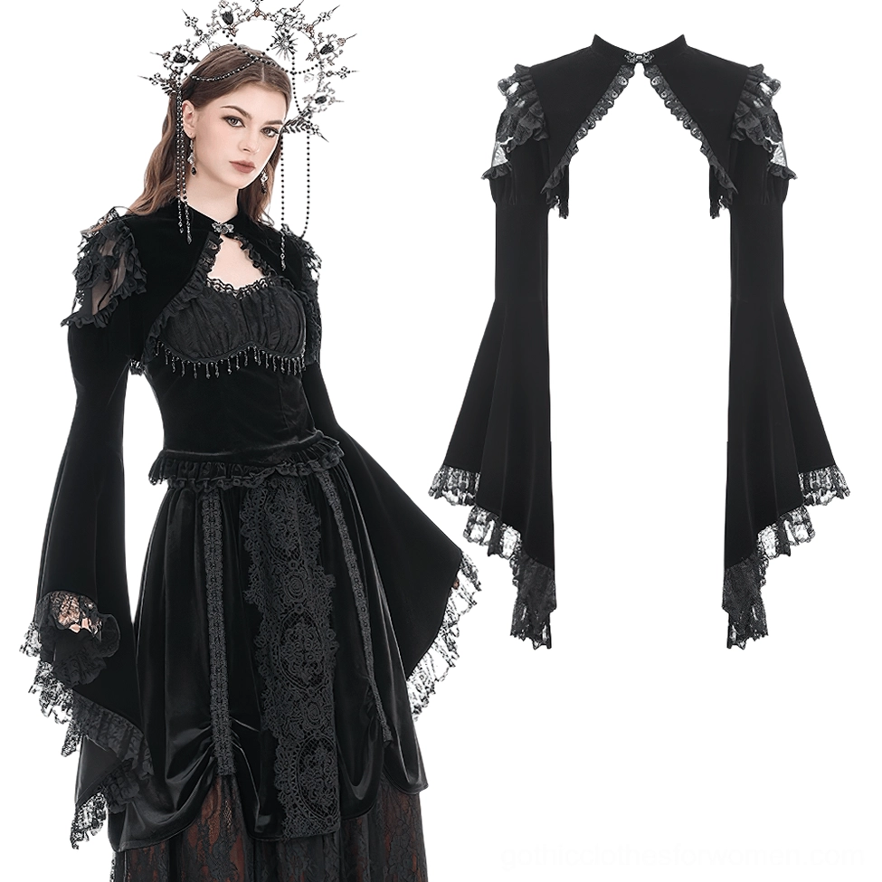 Victorian gothic bolero shrug front and flat lay showing black velvet construction, intricate lace edging, beaded collar detail, and cropped cut perfect for layering