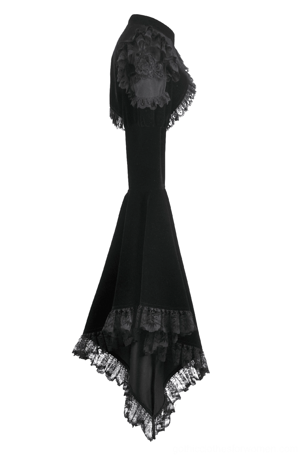 Gothic bolero shrug side flat lay view showing asymmetrical hem, lace trim detailing, and premium velvet fabric texture