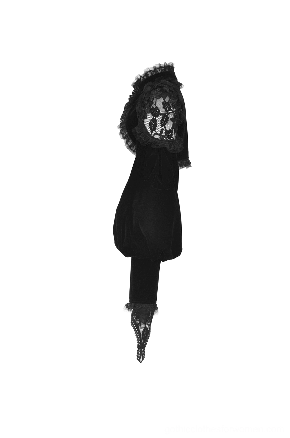 Single sleeve of black gothic bolero showing velvet texture and lace cuff trim on white background