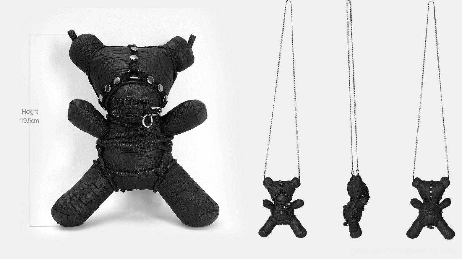 Gothic bondage teddy bear plush ornament - matte black with metal studs and rope bondage aesthetic