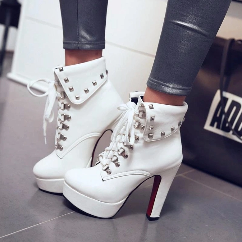 Gothic platform boot color and finish showcase, highlighting PU leather quality, metal rivet finish, and overall aesthetic appeal