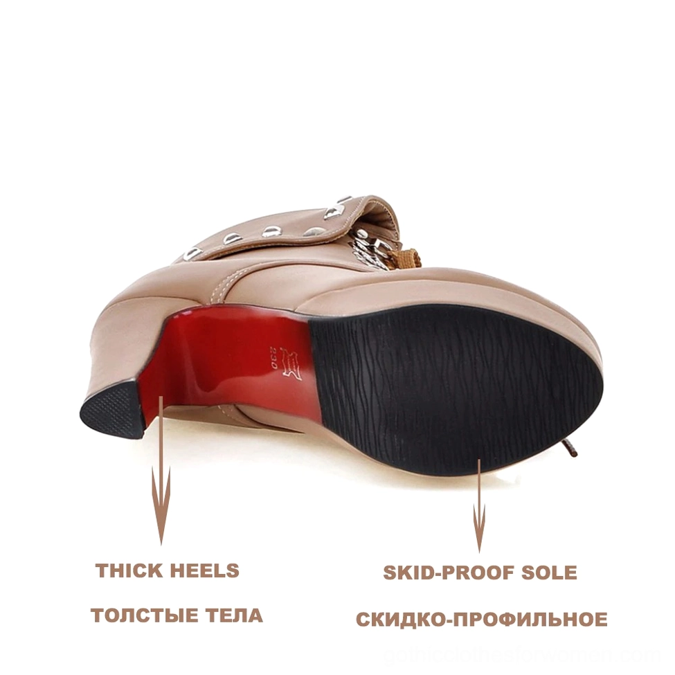 Gothic spike heel boot sole bottom view, displaying skid-proof rubber outsole pattern and red heel cap, architectural platform construction