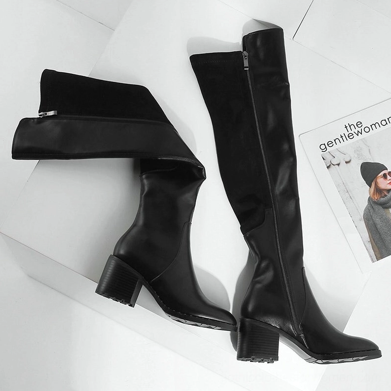 Black leather over-the-knee gothic boots alternative fashion statement piece with side zip closure and block heel