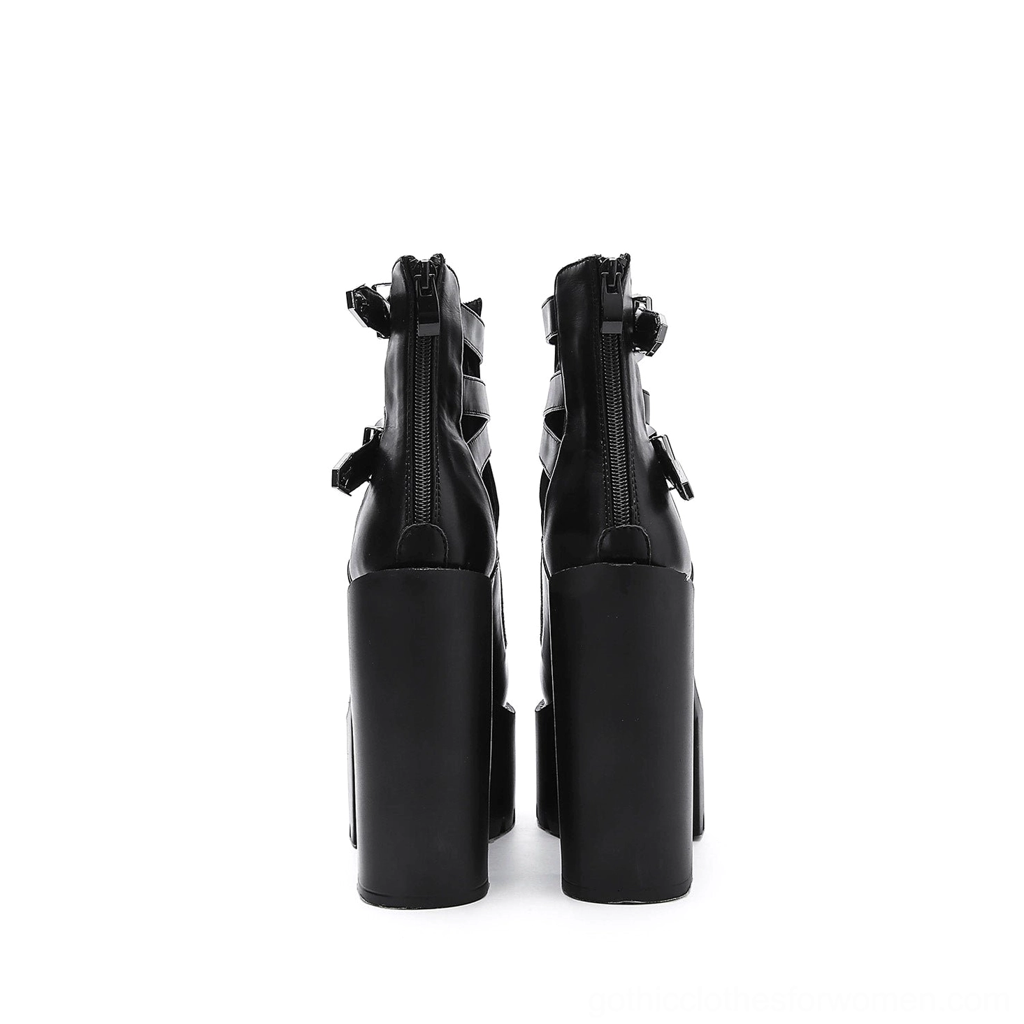 Back view of black gothic platform high-heel boots featuring functional back zipper, thick block heel, and structured ankle boot silhouette