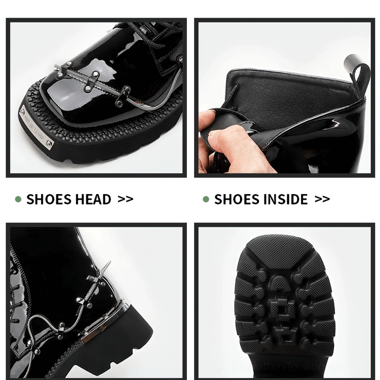 Close-up detail shots of black gothic boots including toe cap, interior lining, heel hardware, and textured outsole