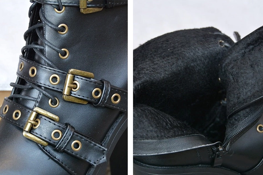 Artistic side view of black gothic boots highlighting the industrial buckle design, leather construction, and architectural heel elevation