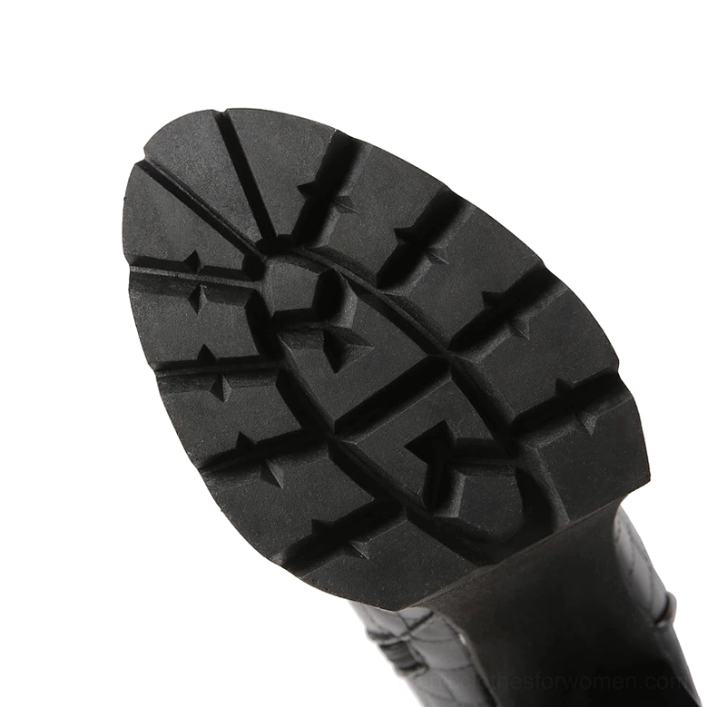 Rubber lug-pattern outsole of gothic platform boots showing tread and heel base