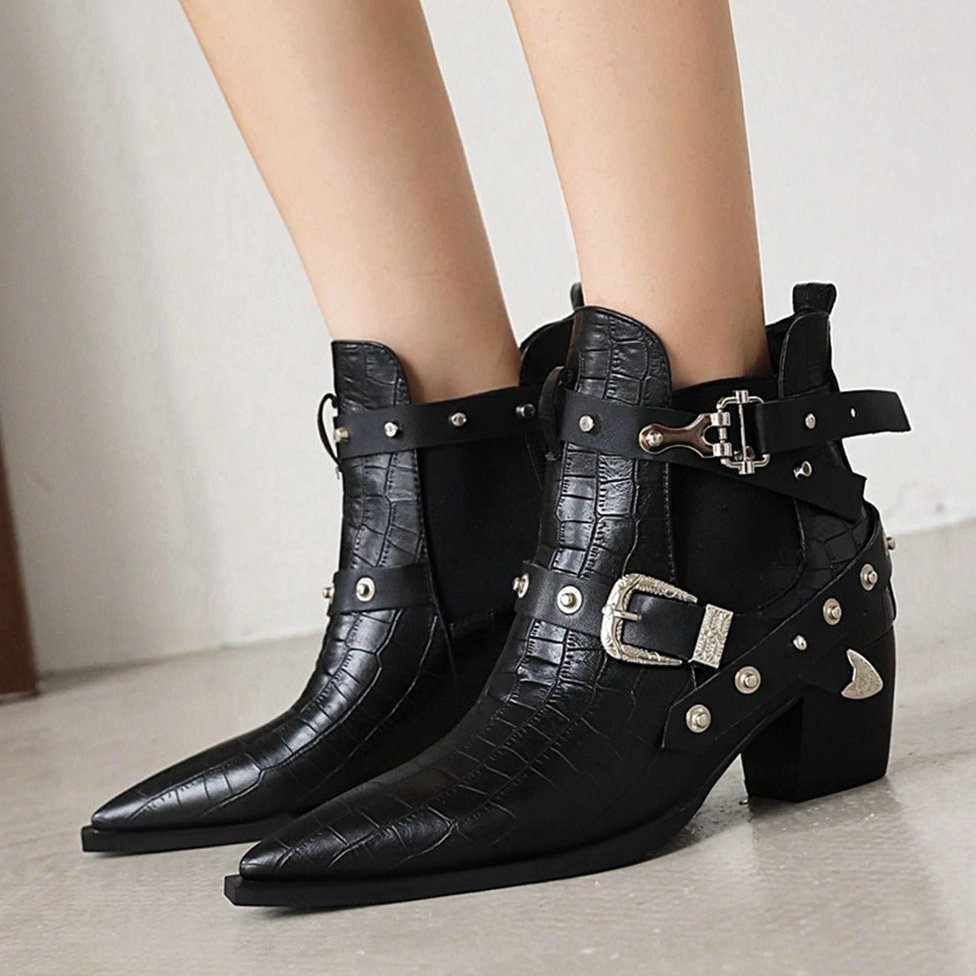 Women's gothic pointed toe chunky heel ankle boots with rivets and buckle embellishment styling