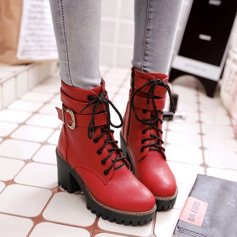 Gothic lace-up buckle ankle boots showing shaft height and opening - full side profile detail