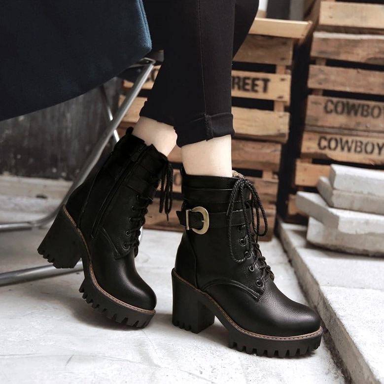 Gothic ankle boots side zipper detail - functional closure mechanism on lace-up buckle boots