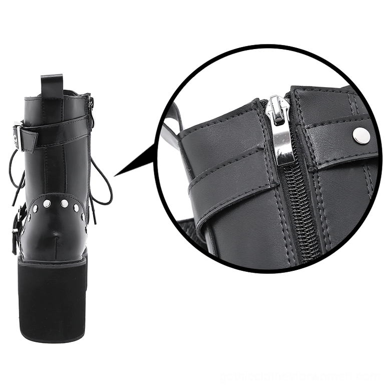 Black combat boots side zipper closure and metal hardware details, rear side view