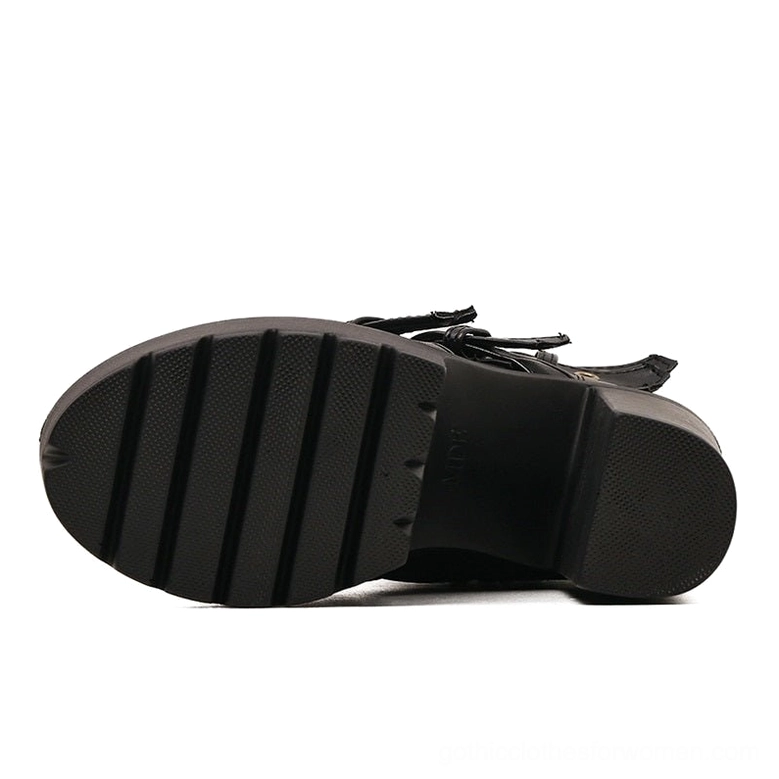 Bottom sole view of gothic platform boot revealing treaded non-slip rubber outsole, waterproof construction, and platform height
