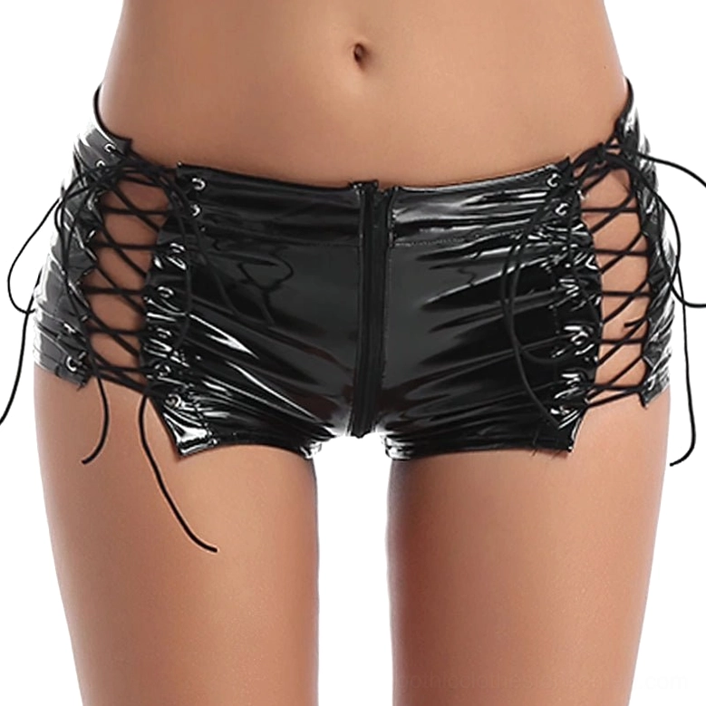 Black patent leather gothic booty shorts full front view with dual side lace cutouts and front zipper design