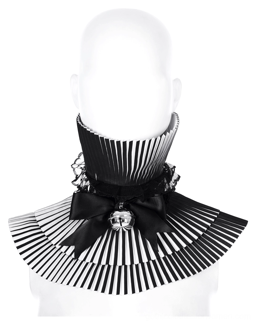 Gothic crimped detachable bow choker featuring silver bell and fan-shaped pleated hem detail
