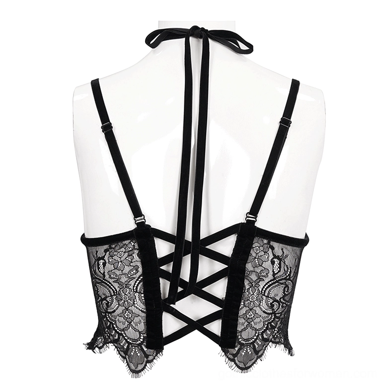 Black wine red gothic bra crisscross adjustable back straps on mannequin rear view showing corset-style lace-up construction