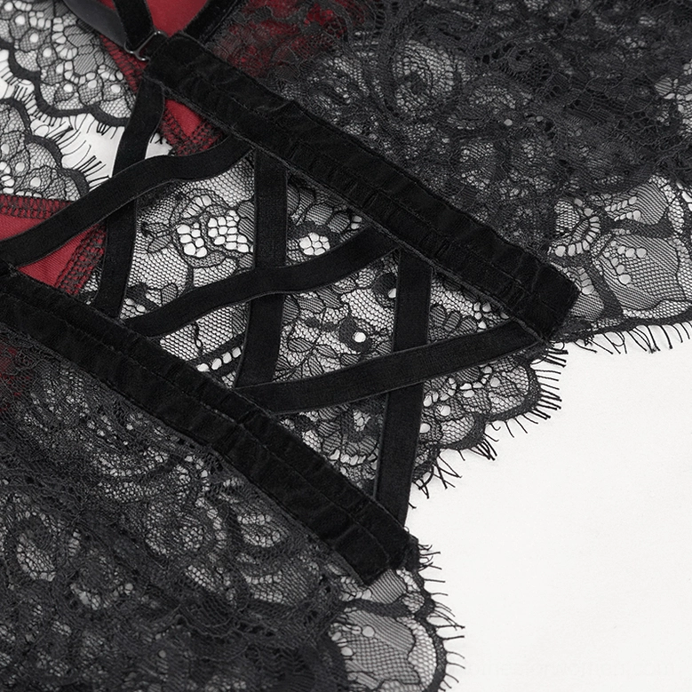 Macro close-up of crisscross velvet straps and floral lace fabric on gothic halter bra back showing corset construction detail
