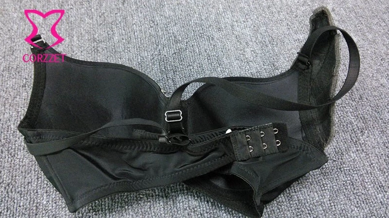 Bra rear closure with metal hook-and-eye fasteners and adjustable convertible straps detail