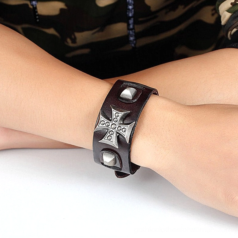 Gothic leather cross bracelet adjustable sizing demonstration and toggle clasp mechanism