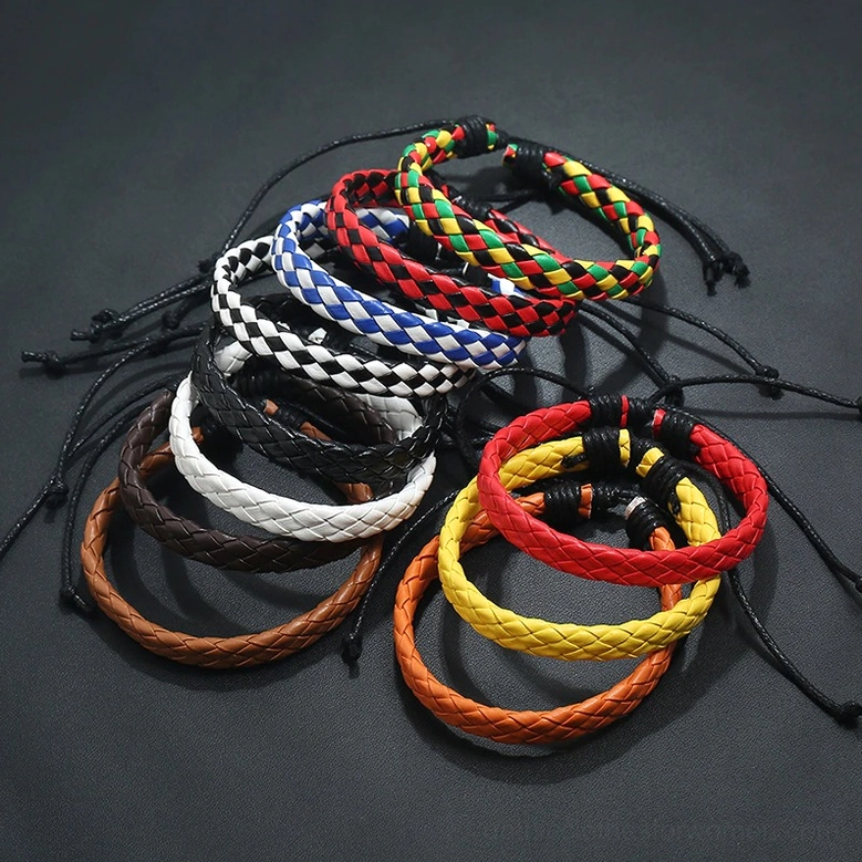 Black braided leather gothic bracelet detail shot, showing intricate weaving and texture