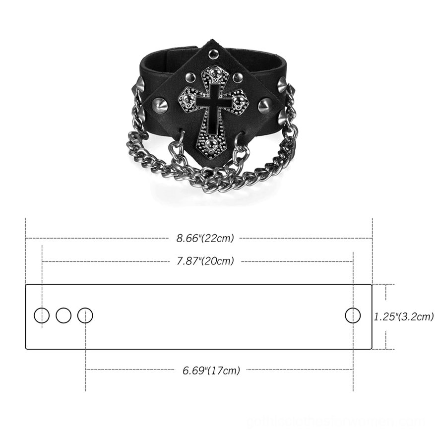 Mini compact punk cross bracelet showing full design with silver studs, curb chain, and embossed cross on adjustable black leather strap