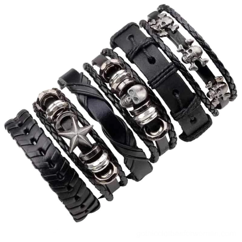 Disassembled six-piece gothic bracelet collection showing individual components with star metal beads and mixed leather strap styles on white background