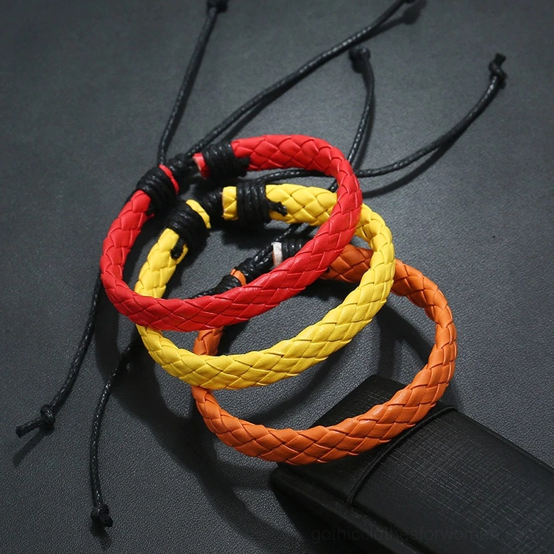 Black braided leather gothic bracelet with pull cord closure mechanism detail view