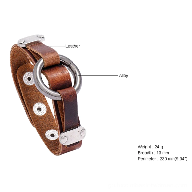 Side view of vintage leather gothic cuff bracelet displaying adjustable snap components and antique silver metal O-ring center detail