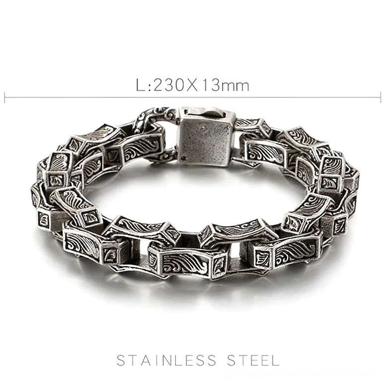 Vintage engraved square link stainless steel bracelet with size measurement reference 230mm gothic design