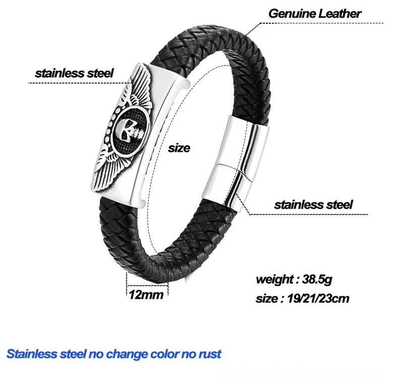 Winged skull leather bracelet with technical specifications - genuine leather and stainless steel components marked, size dimensions shown