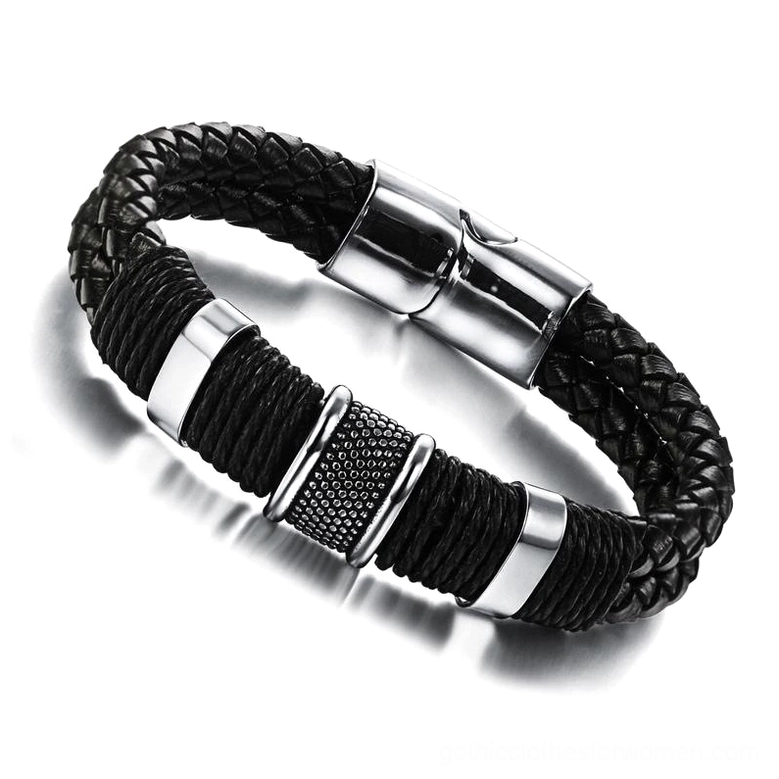 Polished stainless steel toggle clasp detail of gothic braided leather wrap bracelet