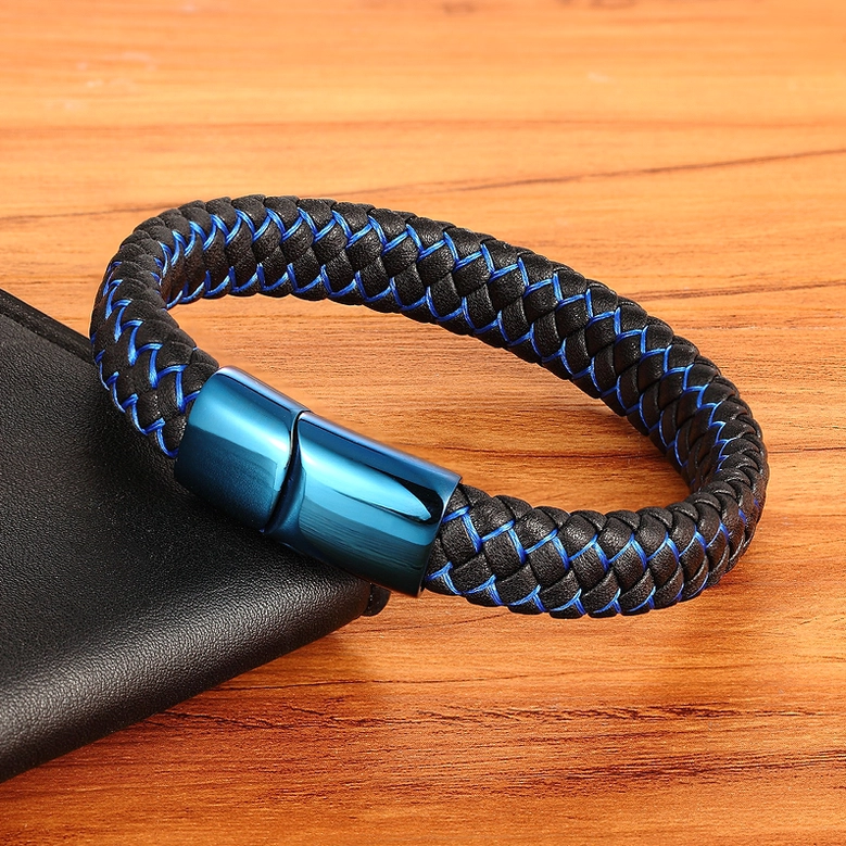 Gothic braided leather bracelet close-up detail showcasing intricate weave and steel hardware