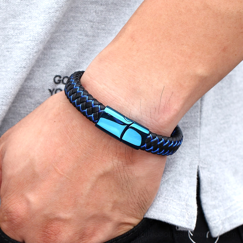 Styled gothic braided leather bracelet on wrist, real-world wear demonstration