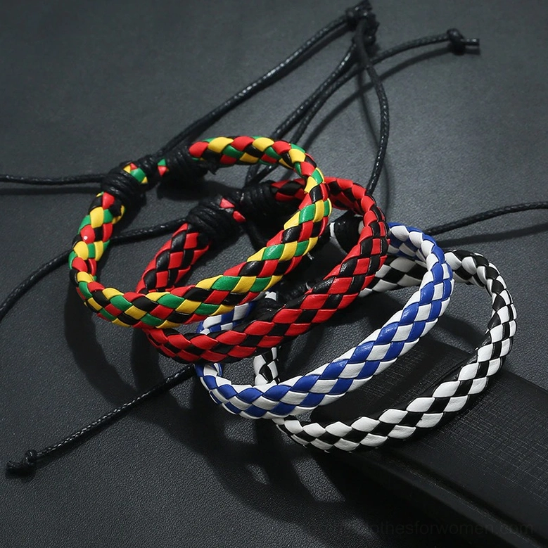 Handmade braided leather gothic bracelet worn on wrist, demonstrating fit and styling