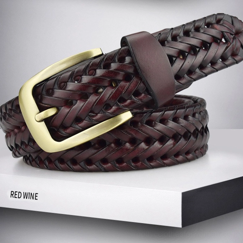 Hand-braided gothic leather belt with metal buckle centered, highlighting geometric woven pattern from front view
