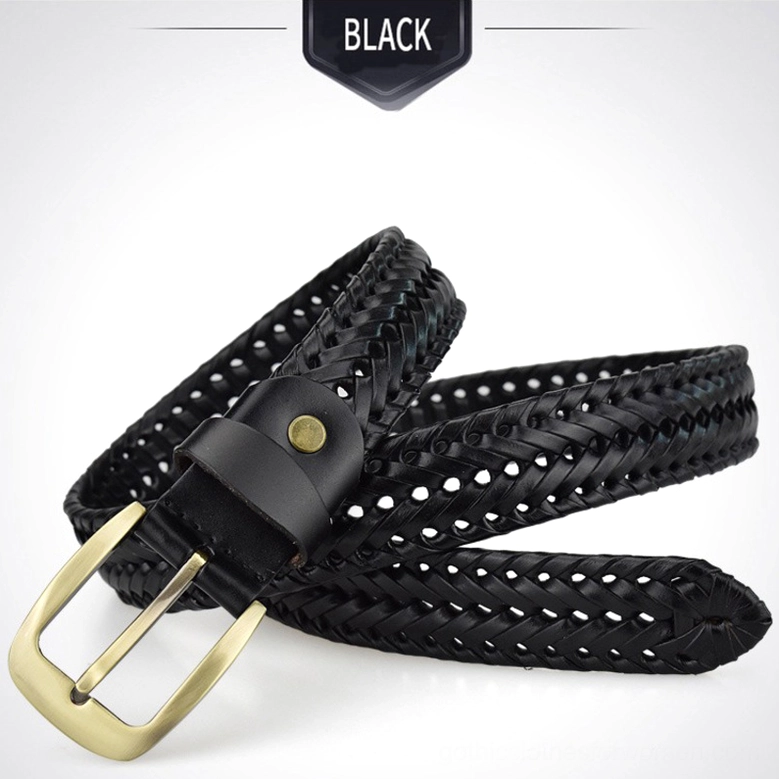 Hand-braided gothic leather belt flat lay showing geometric woven texture across full length with metal buckle