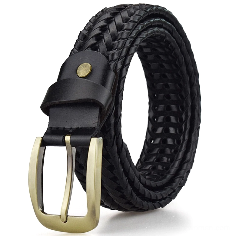 Hand-braided gothic leather belt complete view showing length, width proportions, and metal buckle hardware