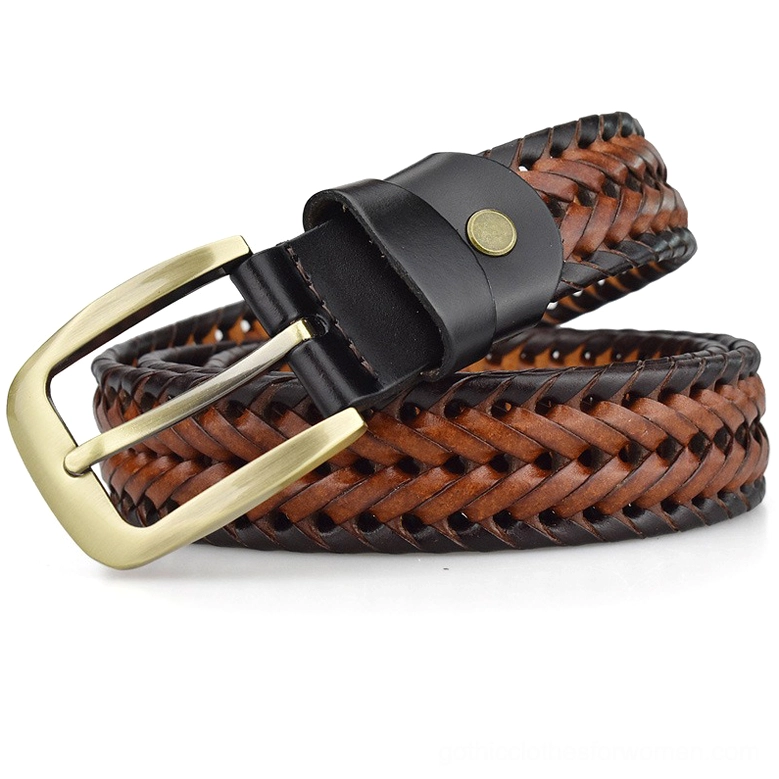 Hand-braided two-tone brown and black leather gothic belt with gold metal buckle, top-down view showing intricate woven pattern and geometric design