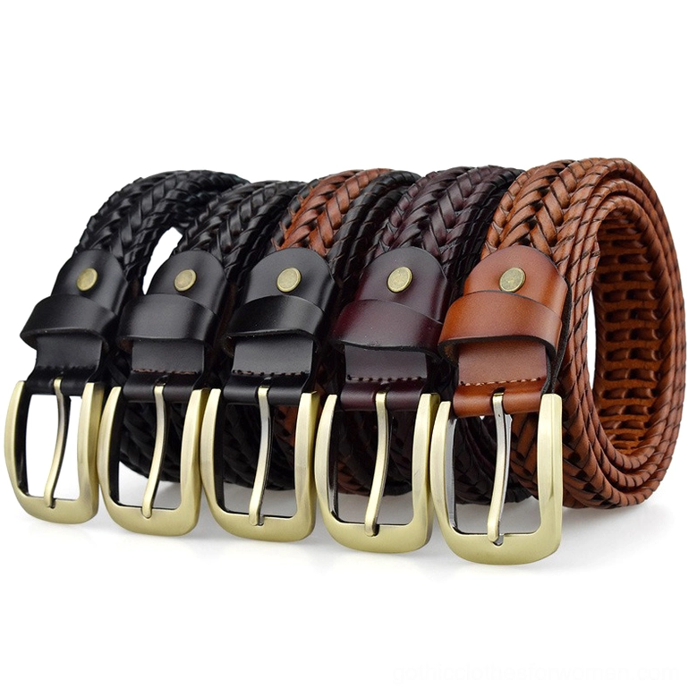 Five hand-braided gothic leather belts in mixed color options displayed flat, showcasing black, brown, wine red, and double-tone variations