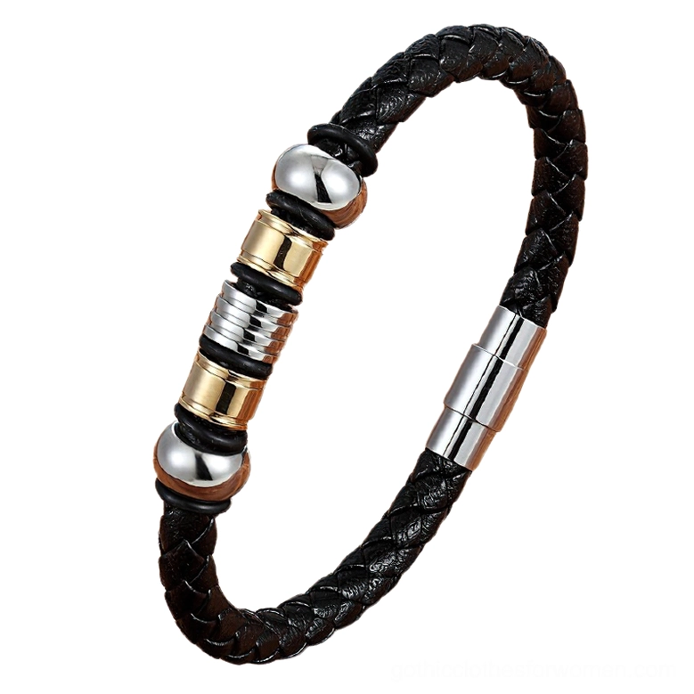 Gold braided leather magnetic bracelet with metallic accents and stainless steel magnetic clasp, versatile gothic accessory
