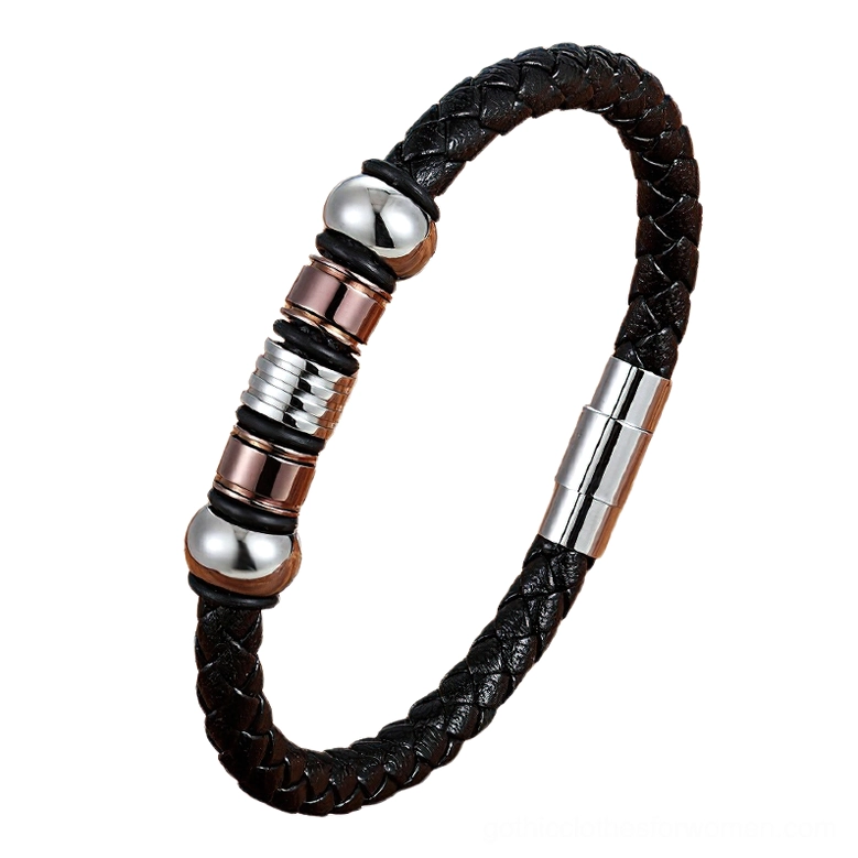 Rose gold braided leather magnetic bracelet with rose gold-silver beads and secure stainless steel clasp, modern gothic style