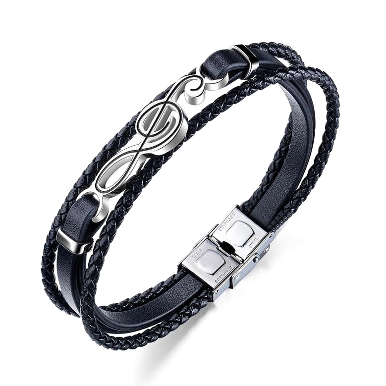 Treble clef gothic leather bracelet with braided leather and metal music charm detail