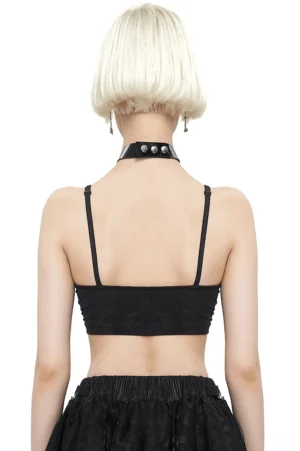 Black open back gothic bralette rear full back view showing thin spaghetti straps