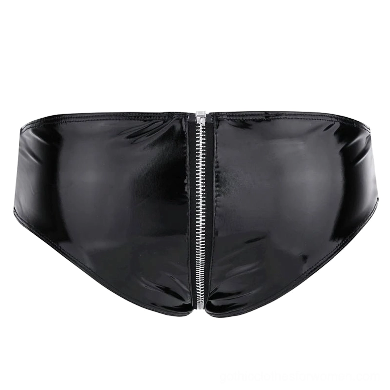 Black patent leather briefs flat lay rear view displaying back central silver zipper and glossy finish