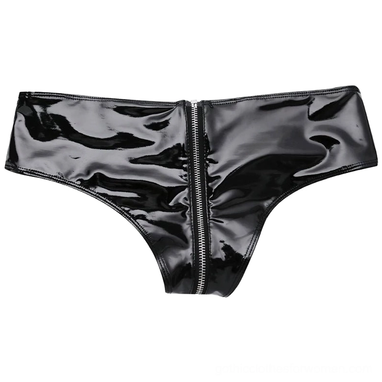 Black patent leather briefs flat lay frontal view showing central silver zipper and smooth shiny material