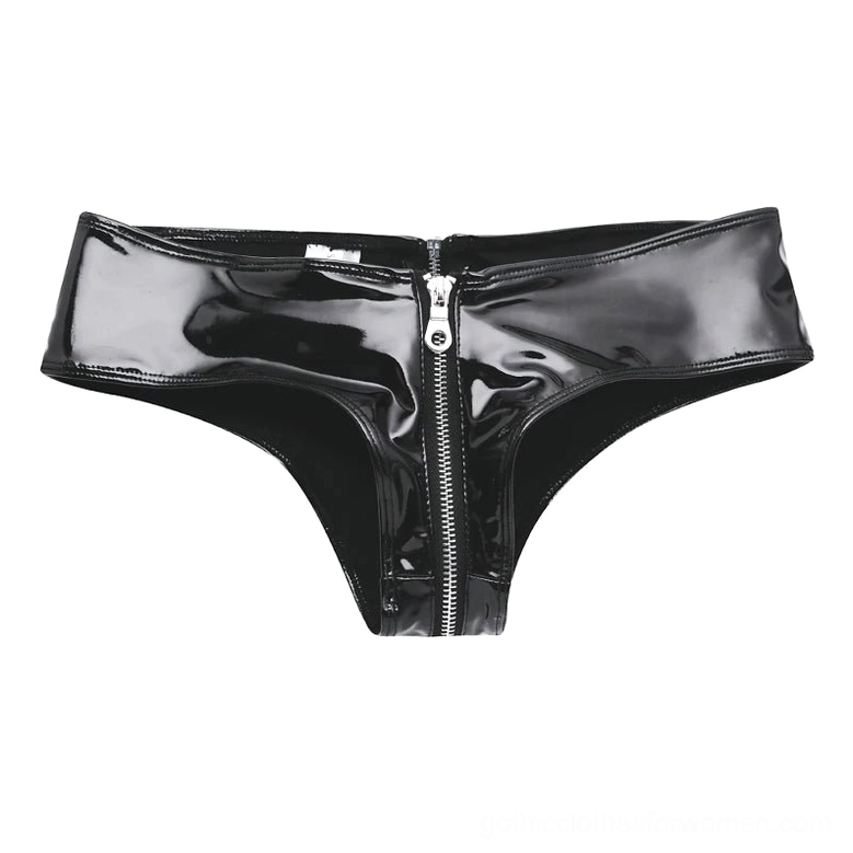 Black patent leather briefs flat lay frontal view with central metal zipper on smooth glossy leather surface
