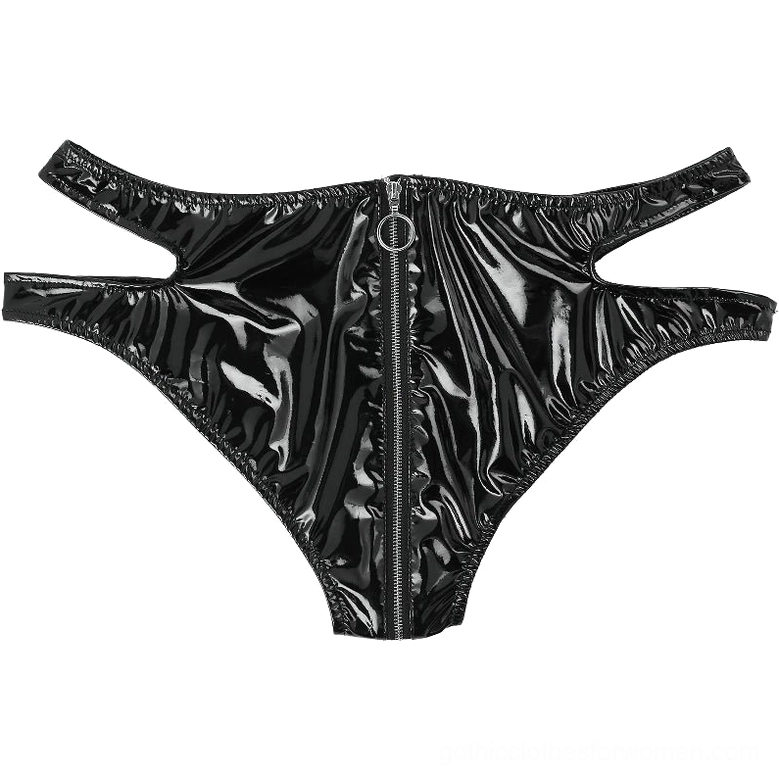 Flat-lay rear view of gothic briefs displaying rear zipper and side cutout architectural design