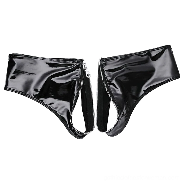 Black patent leather briefs pair flat lay side view featuring silver zippers and glossy leather construction