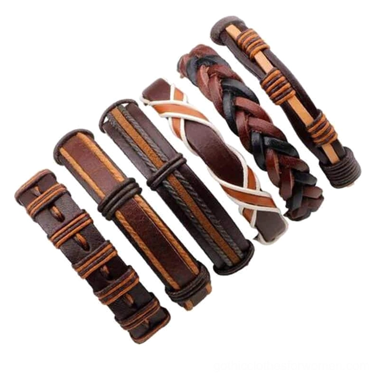 Dispersed brown leather bracelets flat lay, displaying individual woven and braided designs with geometric rope patterns for gothic style collection