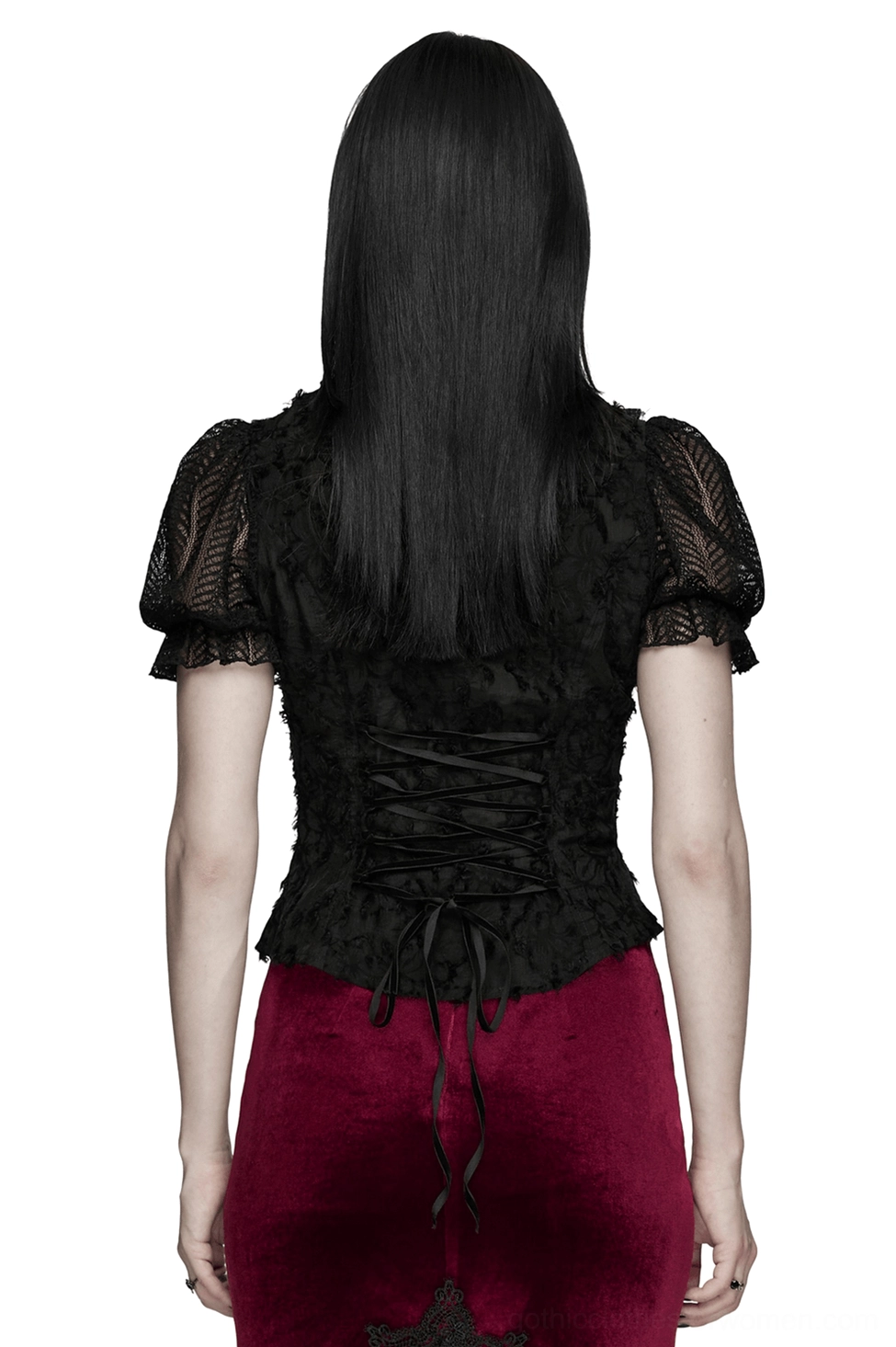 Gothic lace-up blouse back view showing corset lace-up closure and fitted silhouette